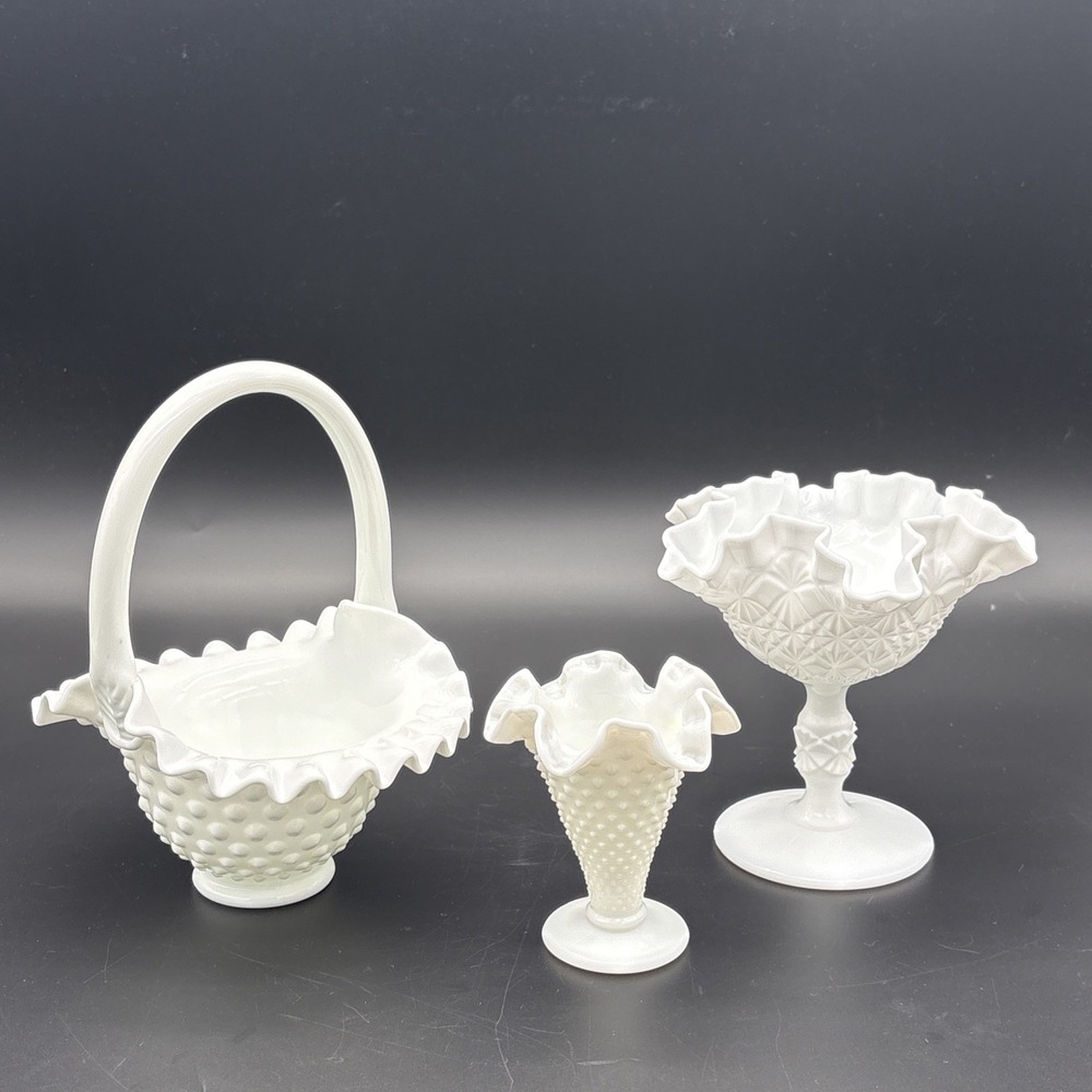 Vintage Fenton White Milk Glass Decor Lot - Hobnail Basket, Vase & Compote Set